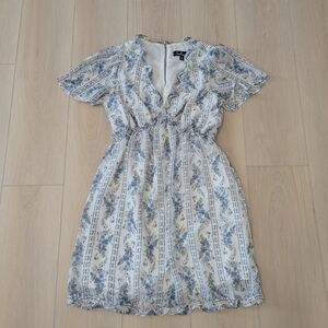 Lulu's White and Blue Floral Ruffle V-Neck Mini Dress